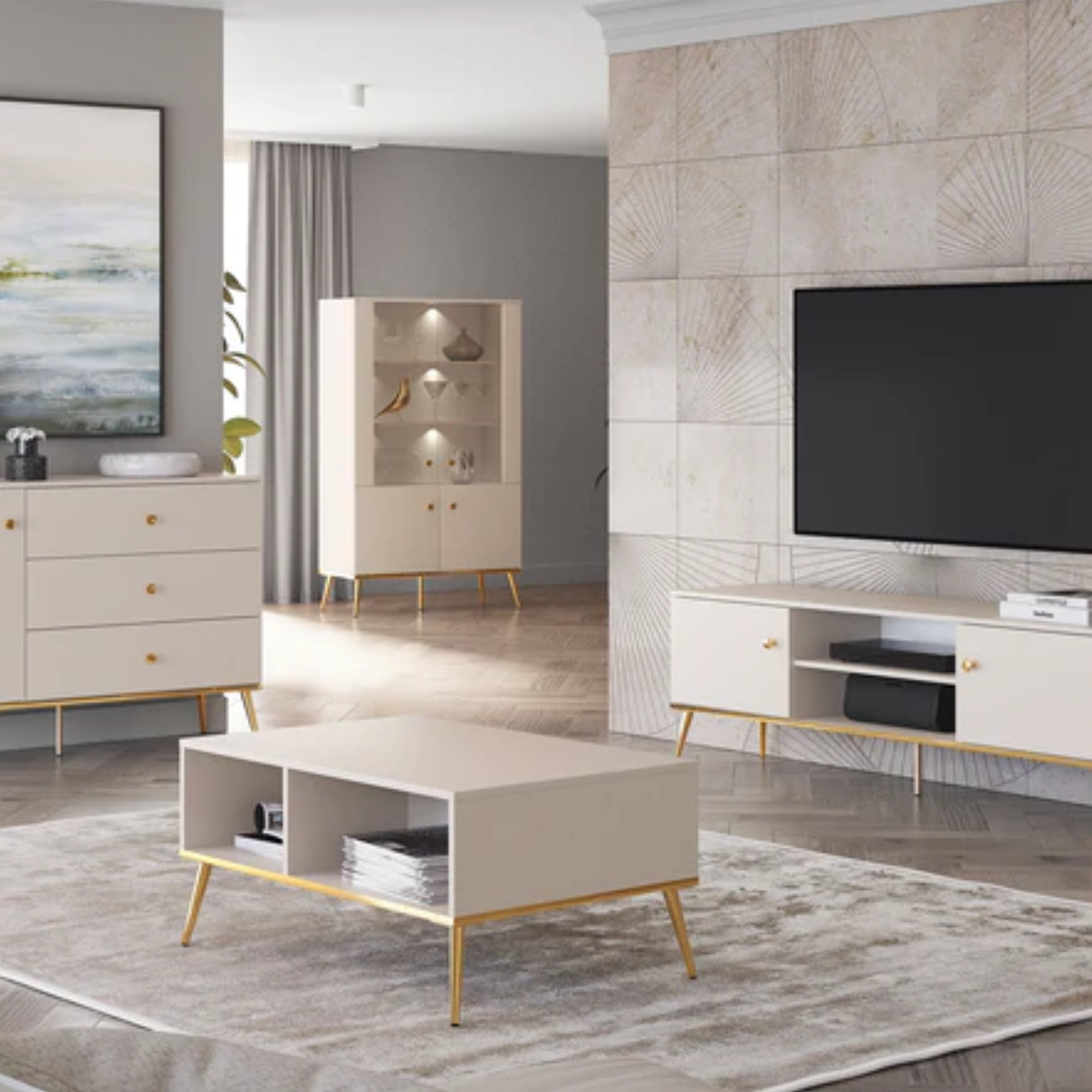 Table Basse  - Design Cachemire avec Pieds Dorés et Rangements Spacieux