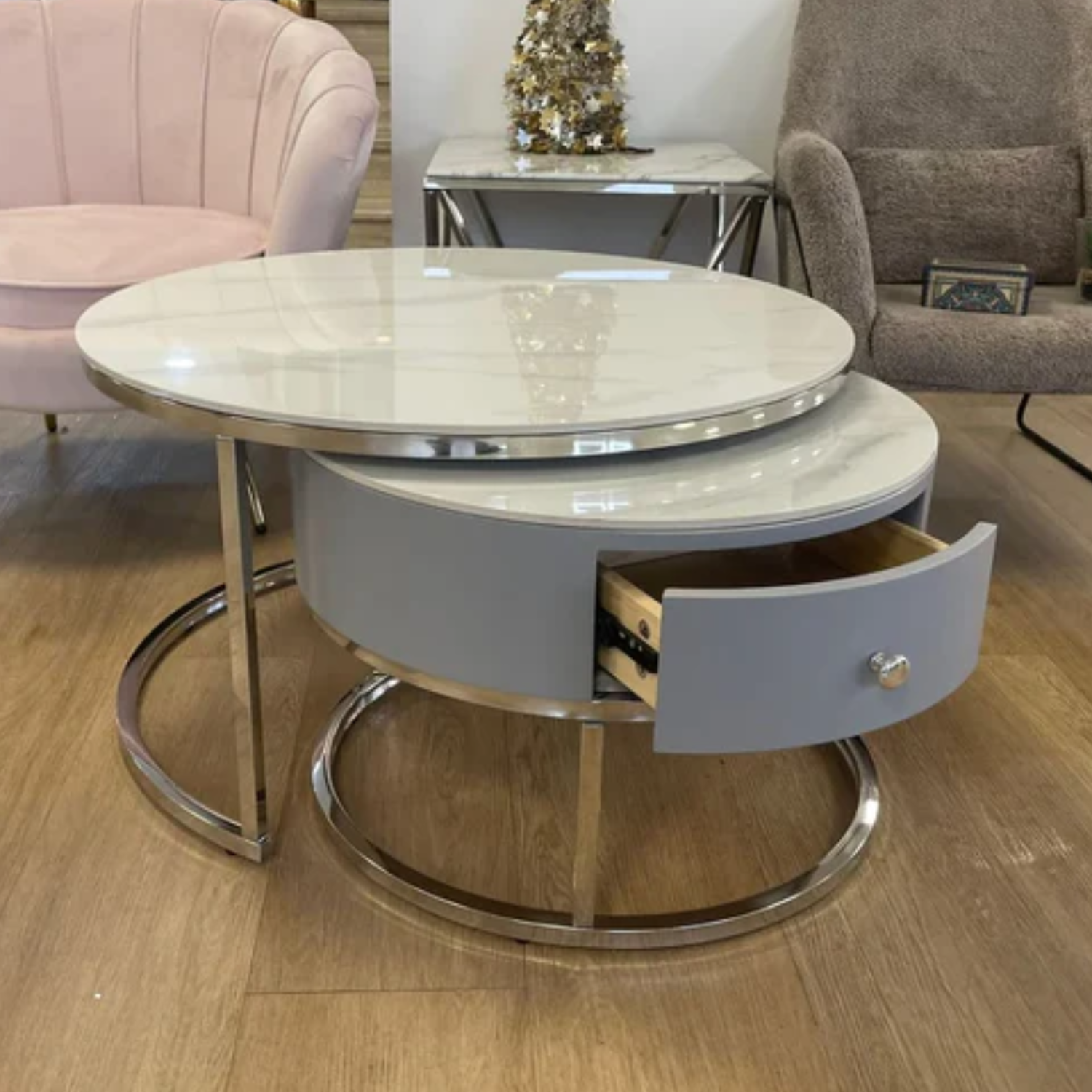 Table Basse Gigogne Céramique Marbre Blanc avec Piètement en acier inoxydable