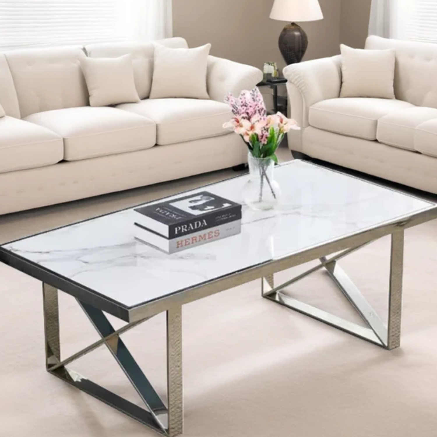 Table Basse Plateau en Marbre Blanc ou Noir et Pieds Métalliques