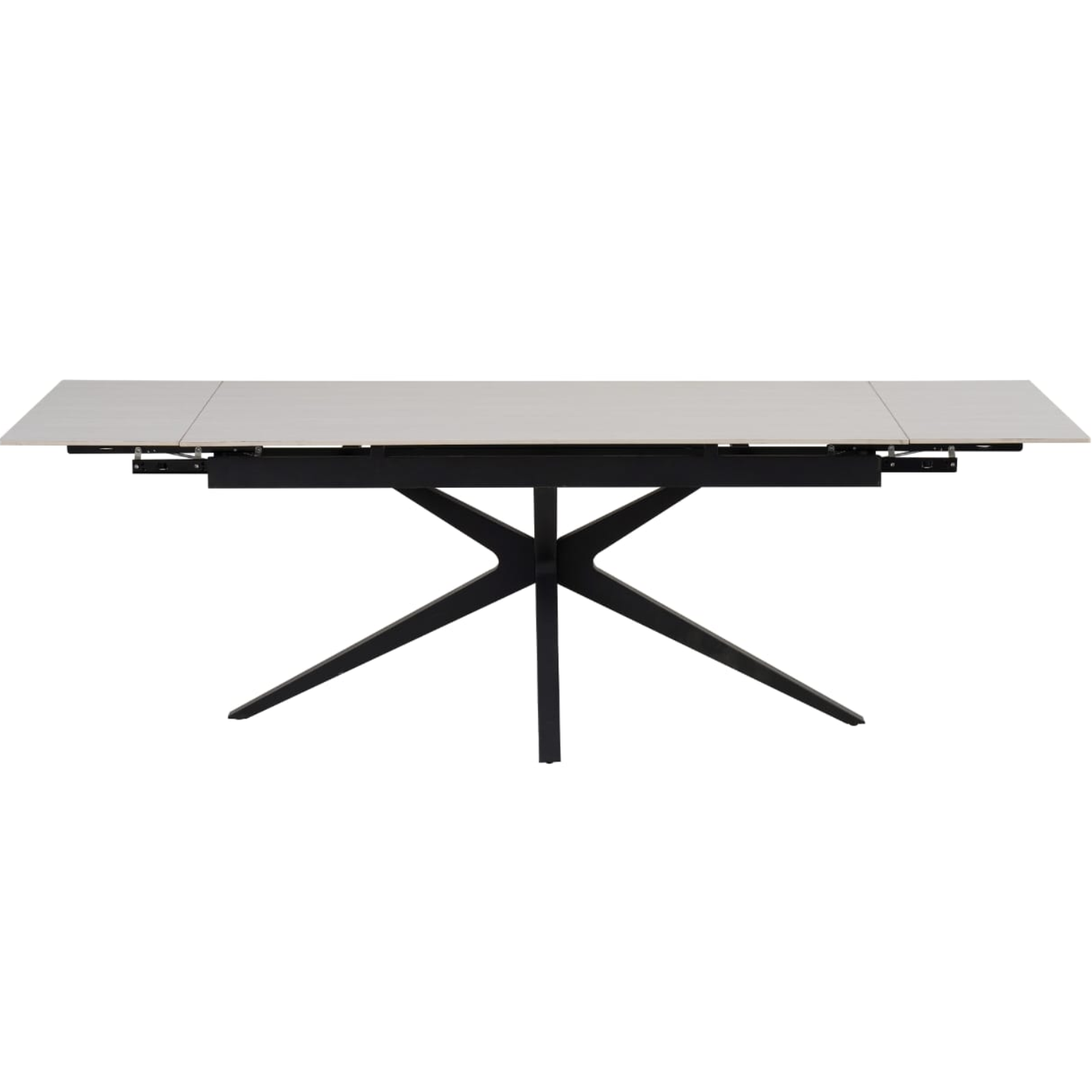 Table à manger extensible – Plateau céramique travertin mat ou blanc – Pied métal noir – 160/240x90x76 cm