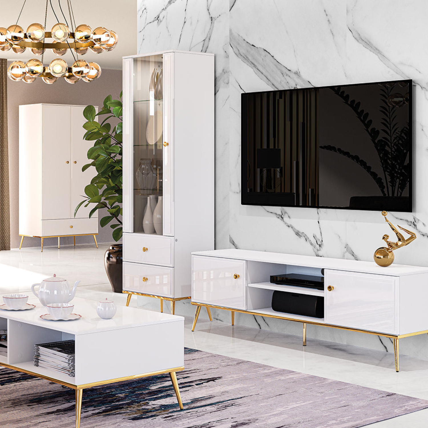 Meuble TV en Bois Blanc Laqué Brillant avec pieds dorés