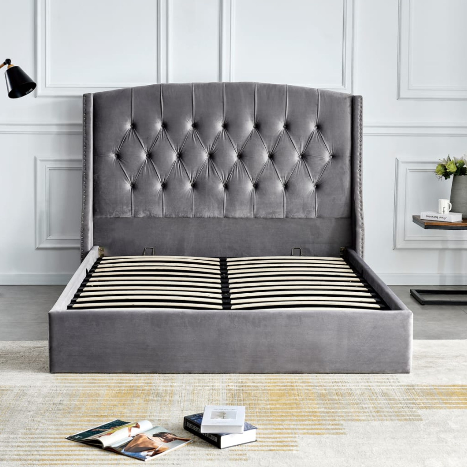 Lit coffre en velours capitonné – Sommier à lattes et rangement intégré – 180x200 cm – Gris, Beige ou Noir