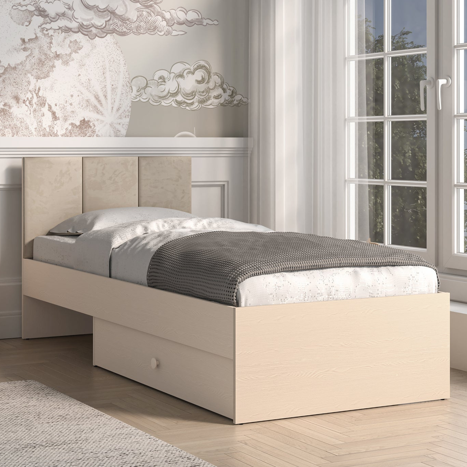 Lit enfant Moderne avec Tête de Lit en Velours Beige et Structure en Sable du Désert – Design Élégant et Confort Assuré