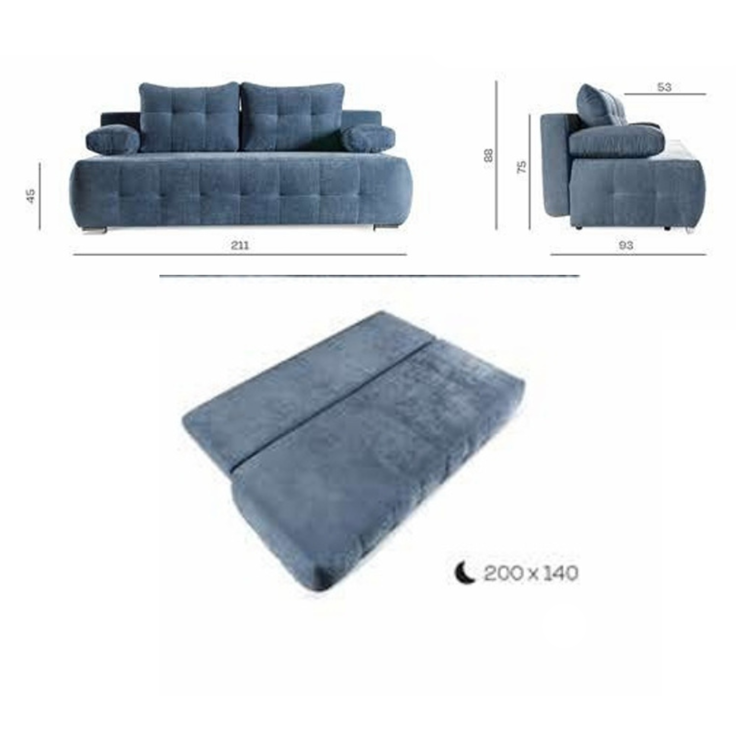 Canapé-lit matelassé 211 cm sans côtés avec fonction couchage, coffre