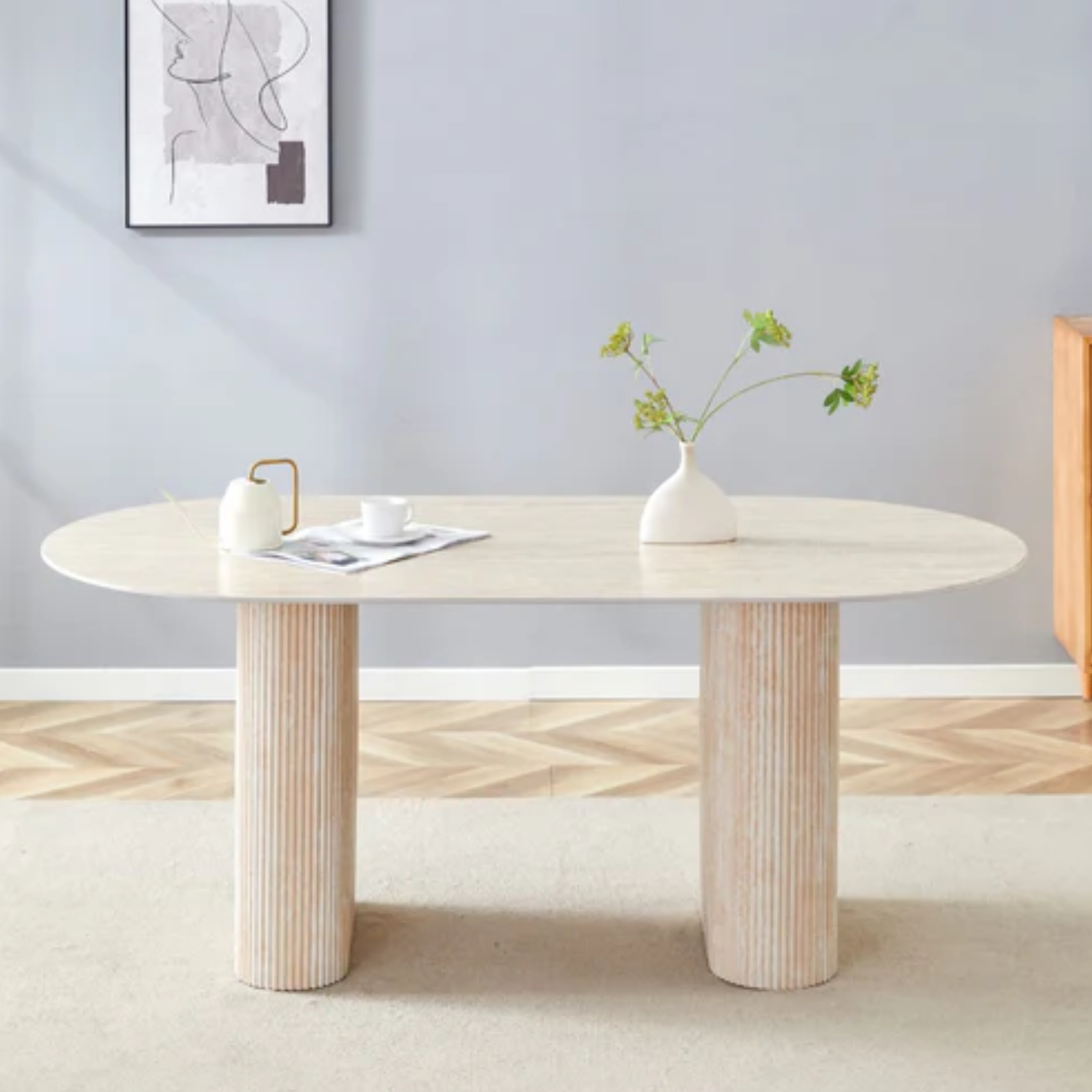 Table à manger – Design pierre naturelle – Plateau céramique marbre ou travertin – Pied effet travertin ou beige – 160 ou 180 cm