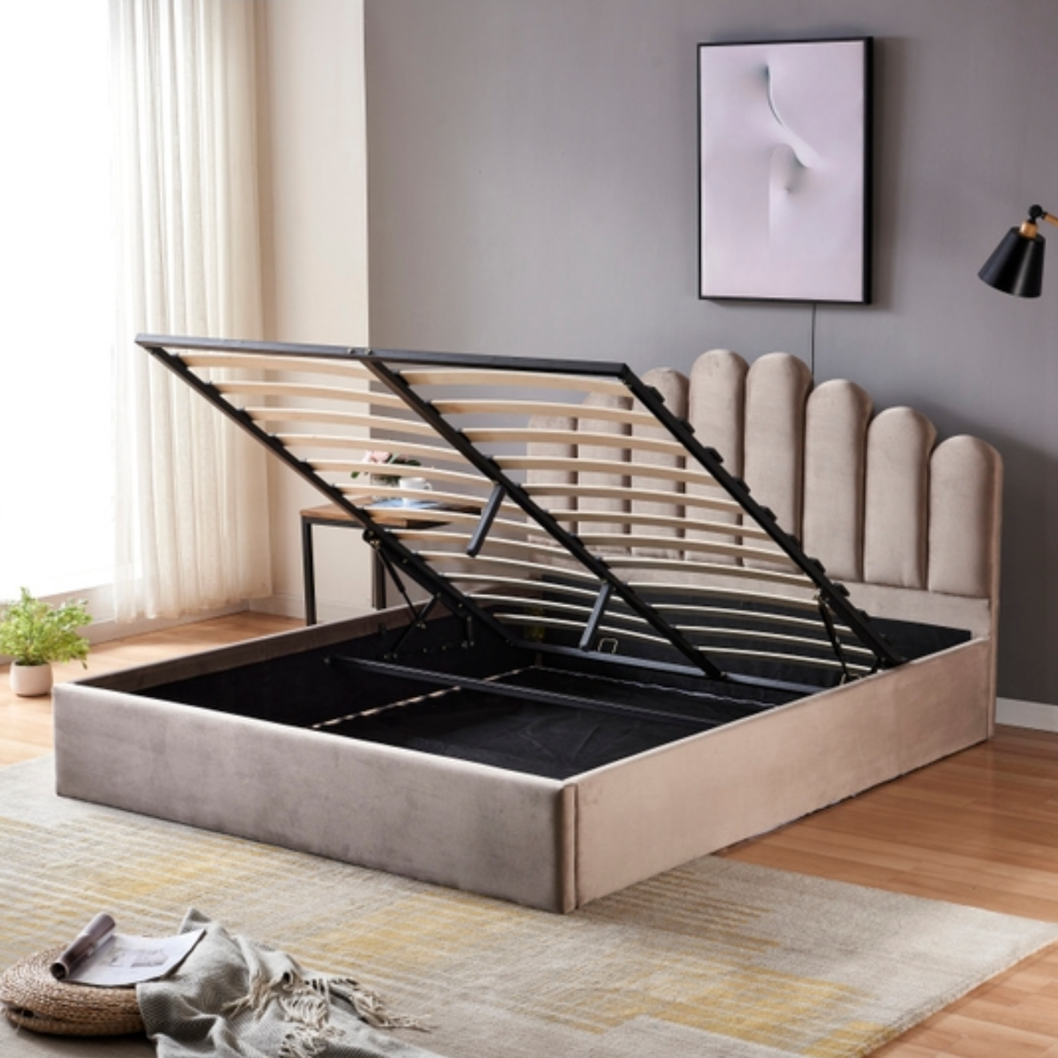 Lit coffre 2 places – Velours – Sommier à lattes en bois – 140x190 & 160x200 cm