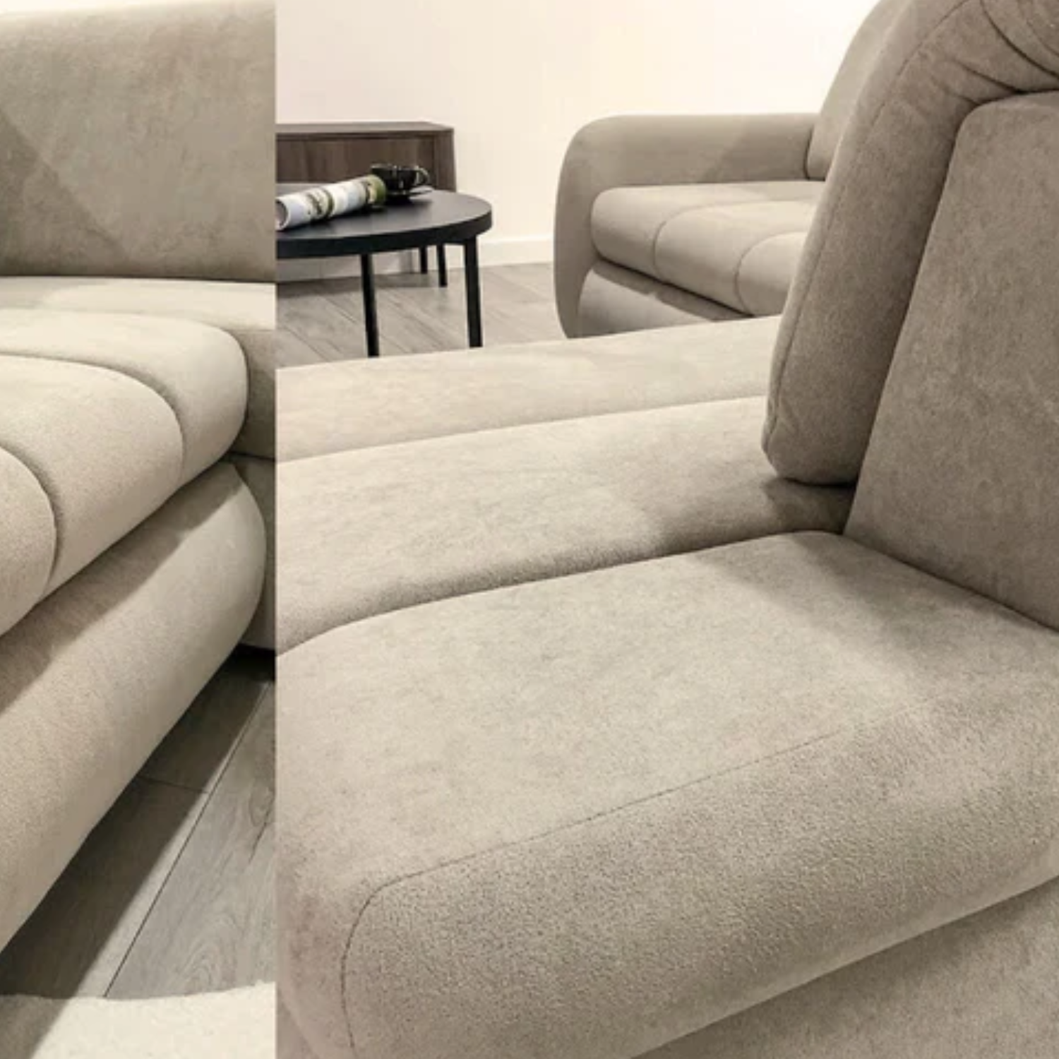 Canapé d’angle convertible beige avec lit intégré et appui-têtes réglables angle droit