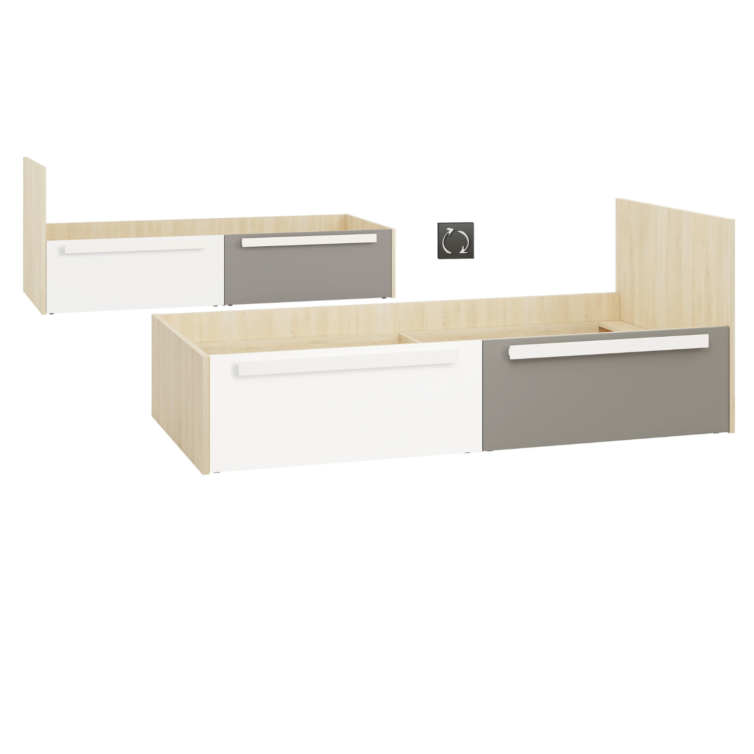 Lit contemporain Hêtre Fjord + Blanc, cadre solide avec bordure ABS et finition résistante