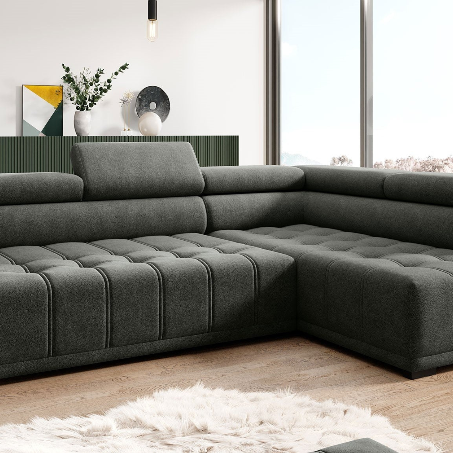 Canapé d’angle – Confort réglable électrique, design moderne et têtières ajustables