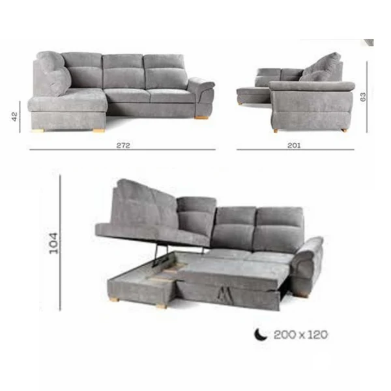 Canapé d’angle convertible avec coffre – 272x201 cm – Couchage 200x140 cm
