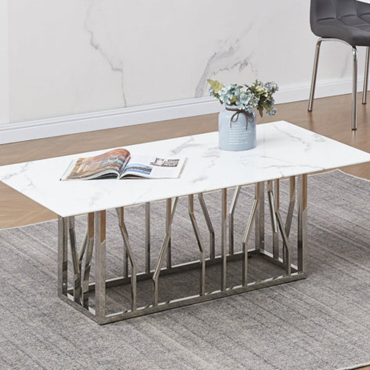 Table Basse Marbre Blanc Véritable & Piètement en Acier