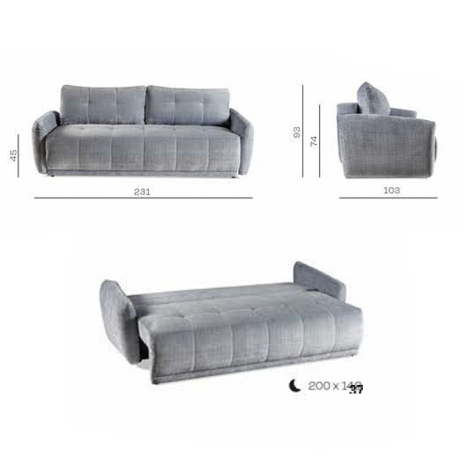 Canapé convertible 3 places avec coffre, couchage 142x200 cm, style moderne et fonctionnel