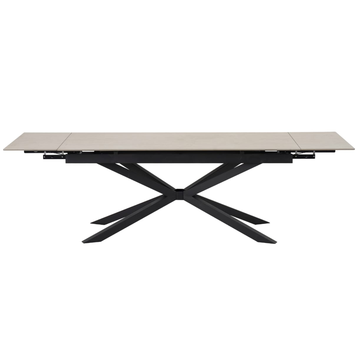 Table à manger extensible – Plateau céramique travertin mat ou blanc – Pied métal noir – 180/260x90x76 cm