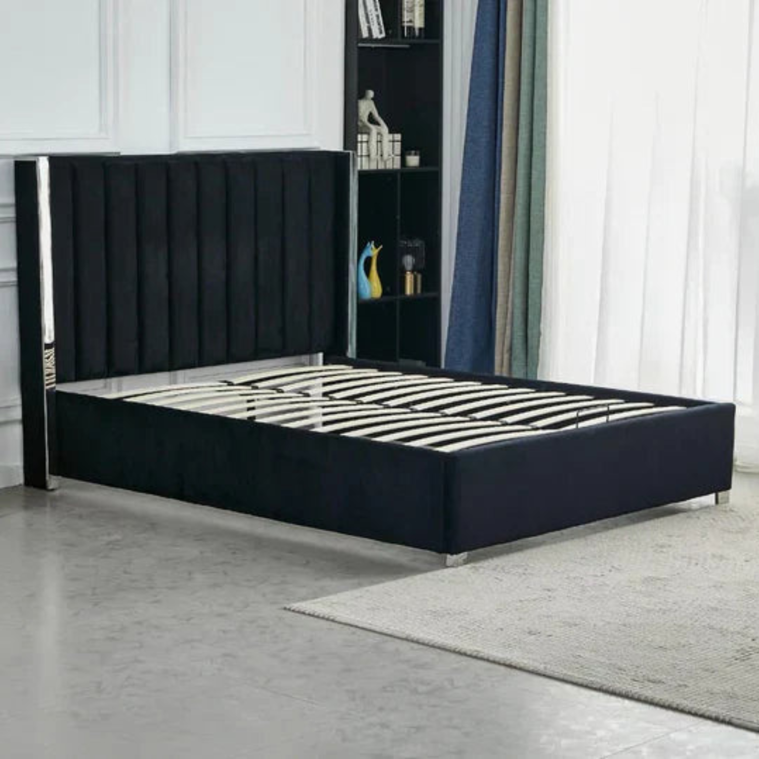 Lit Coffre avec Tête Capitonnée  avec Rangement  – Velours Taupe, Gris ou Noir – 140x200 / 160x200 cm