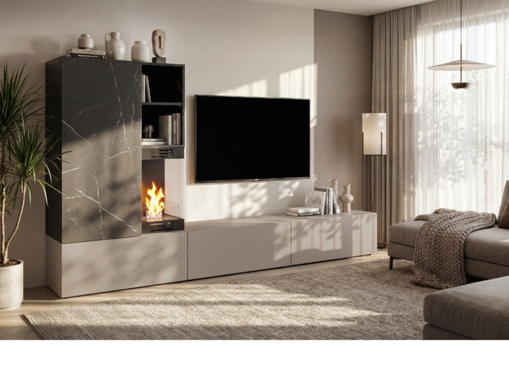 FLY wall hung TV unit avec cheminée bioéthanol, Perla Gray — vue 7