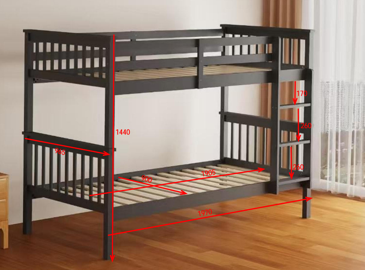 LIT SUPERPOSE BATNA EN BOIS 1+1 GRIS 90X190cm