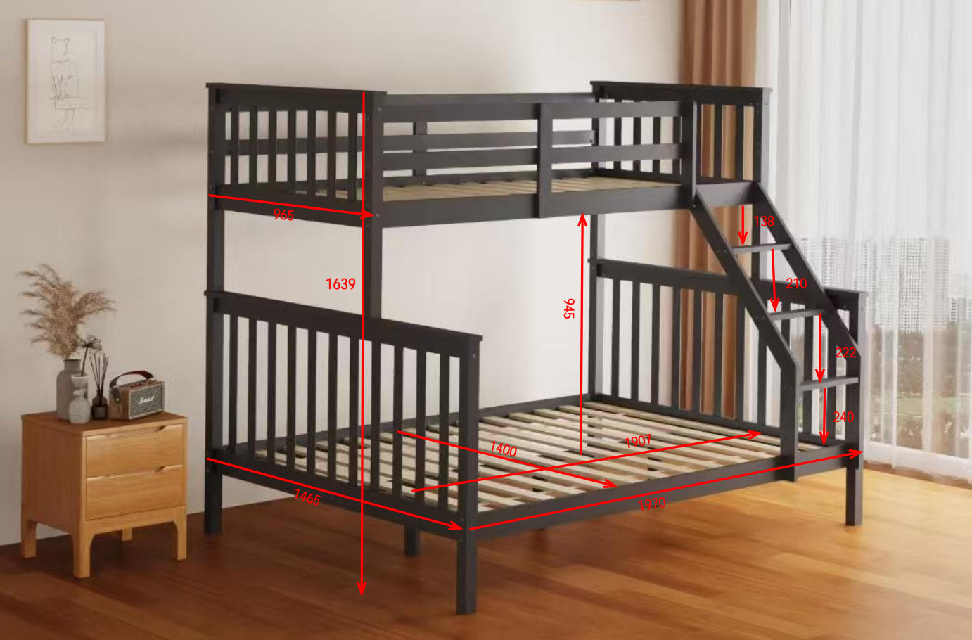 LIT SUPERPOSE BATNA EN BOIS 2+1 GRIS 90X190cm + 140x190cm