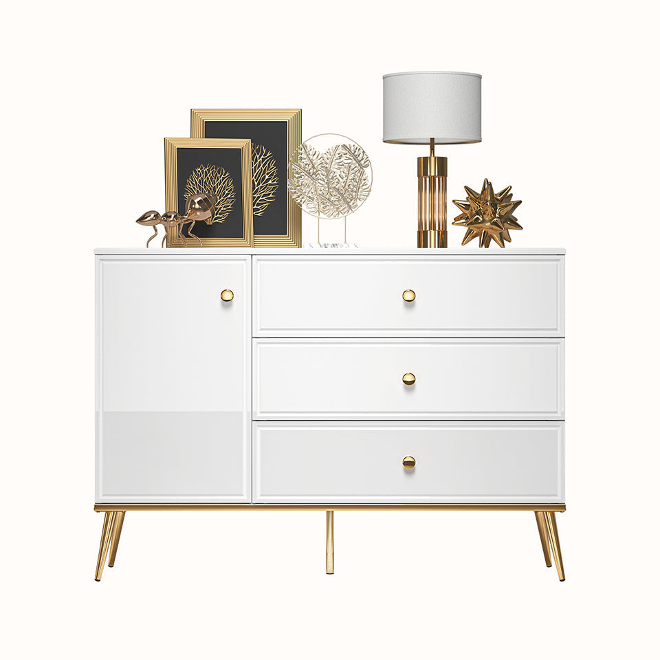 Buffet à tiroirs à extension en blanc laqué brillant avec pieds dorés|Offre Spéciale|Decora Home