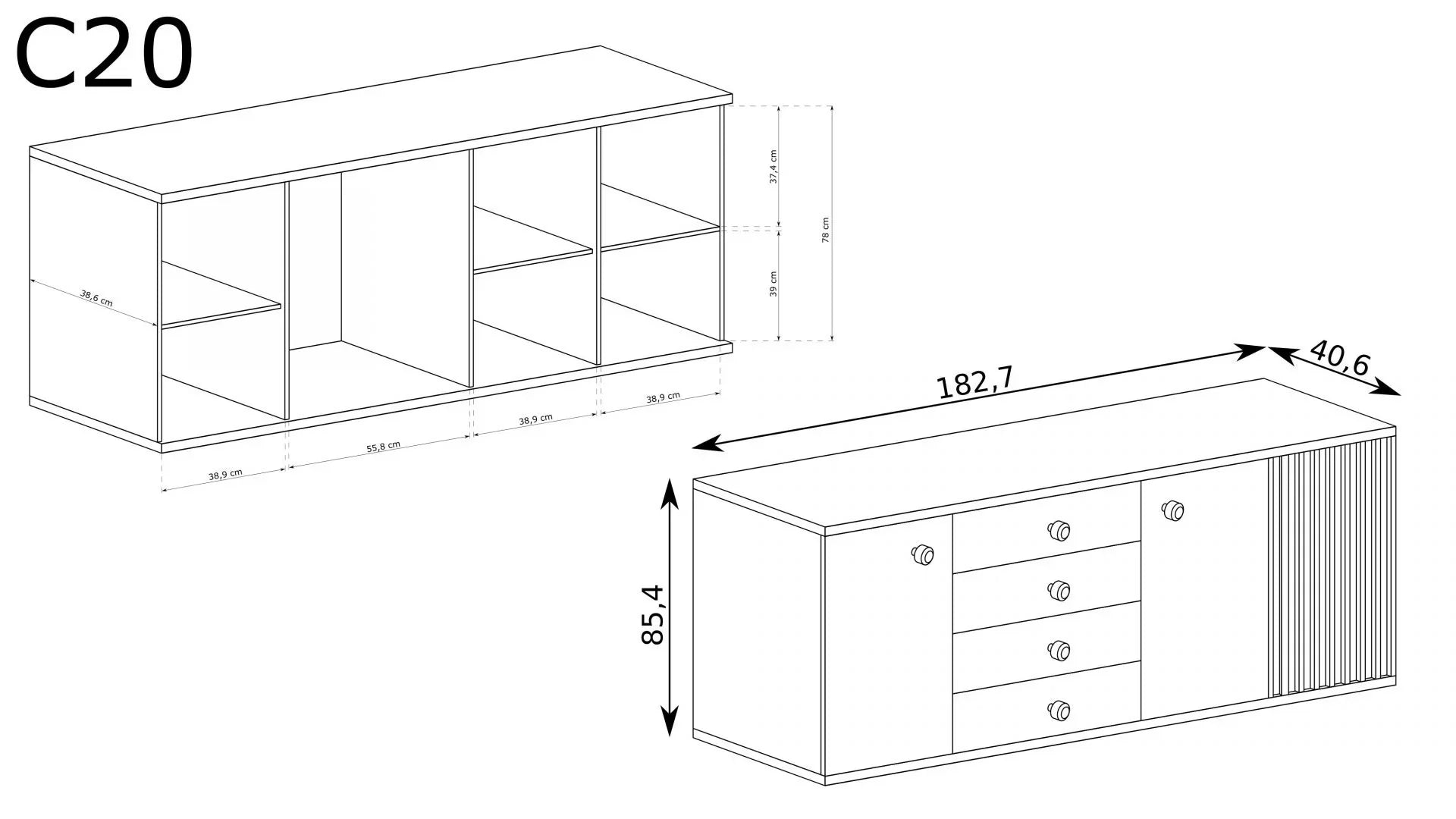 Grande Commode, Buffet spacieuse avec tiroirs et armoires - Decora Home