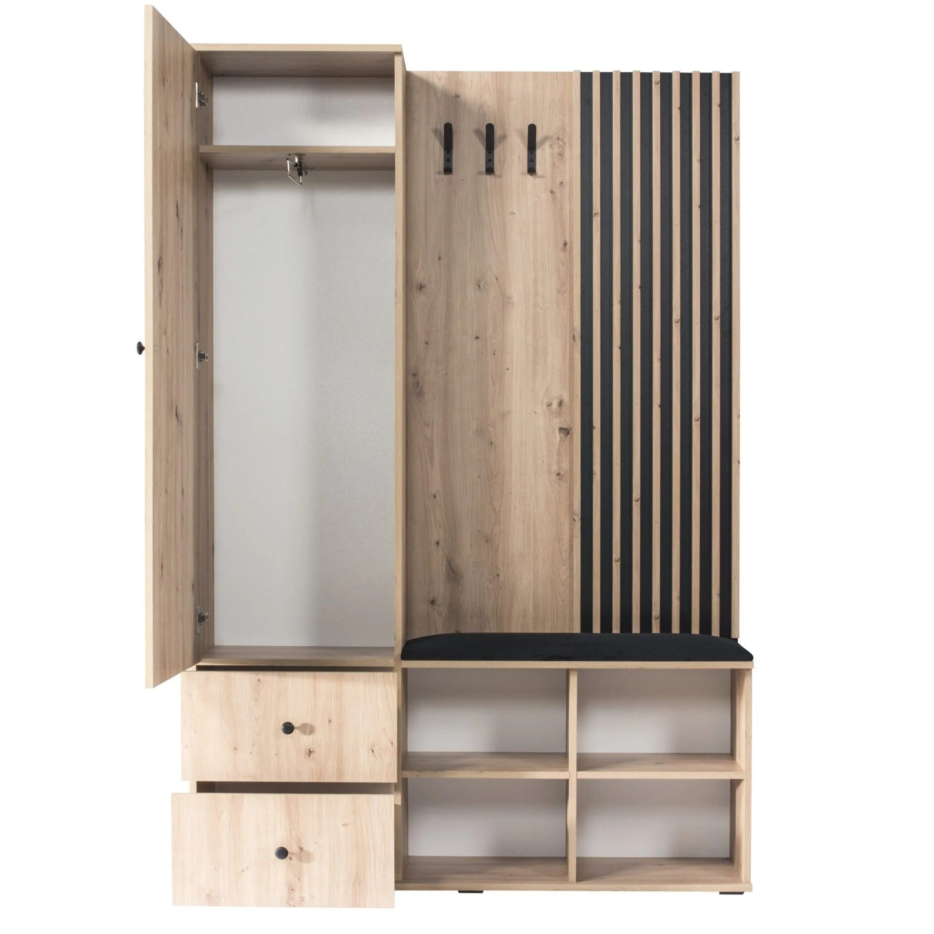 Armoire de couloir avec miroir – 128,5 cm – meuble d’entrée avec assise, cintres et rangement chaussures