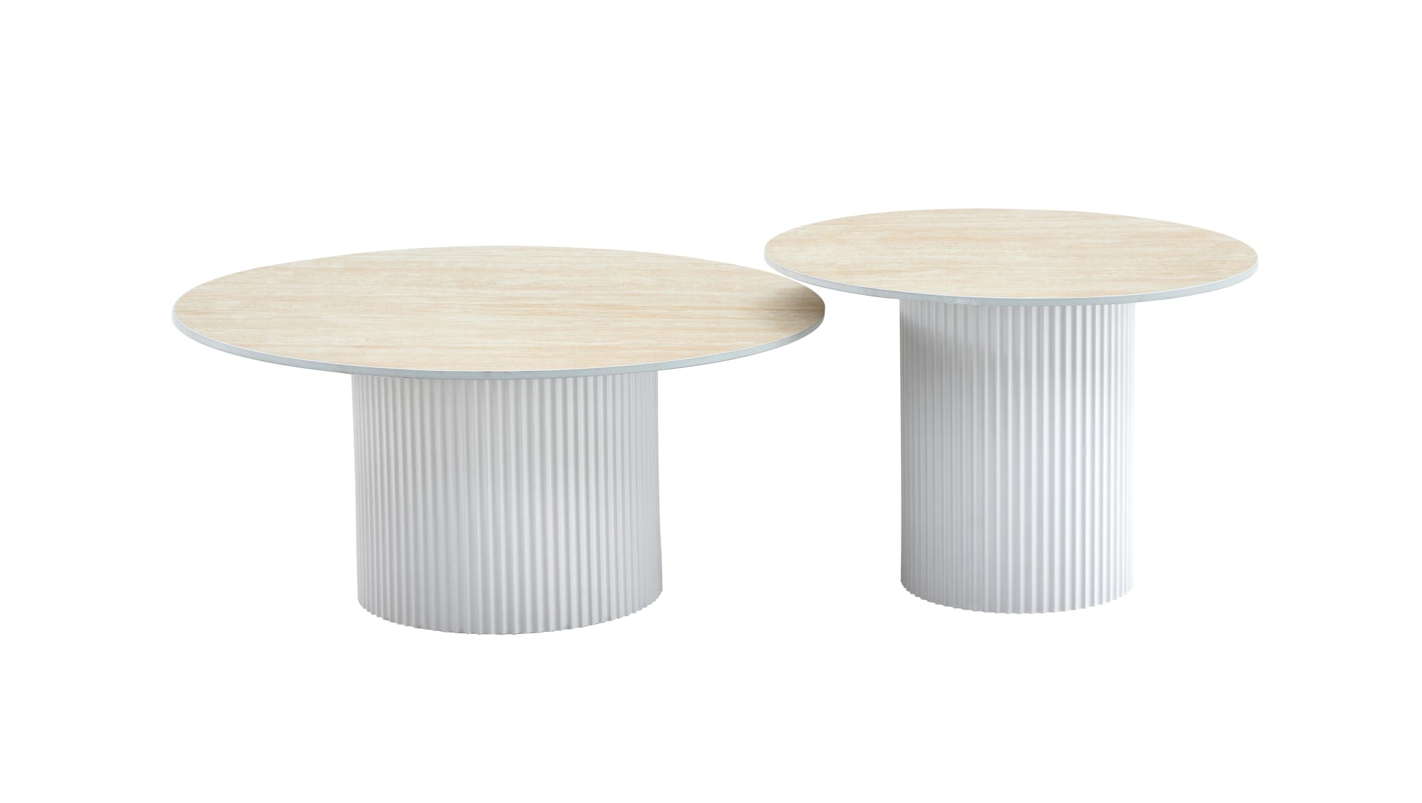 TABLE BASSE GIGOGNE MINA PIED BLANC PLATEAU CERAMIQUE TRAVERTIN MAT 60x45cm + 80x38cm