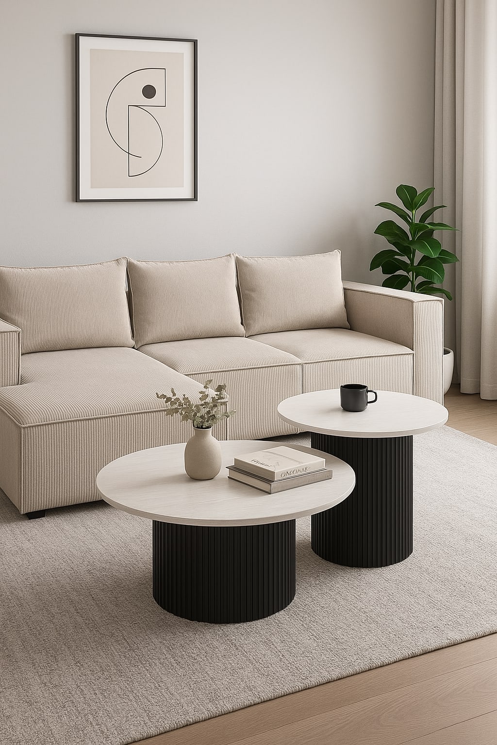 TABLE BASSE GIGOGNE MINA PIED NOIR PLATEAU CERAMIQUE BOIS BLANC 60x45cm + 80x38cm