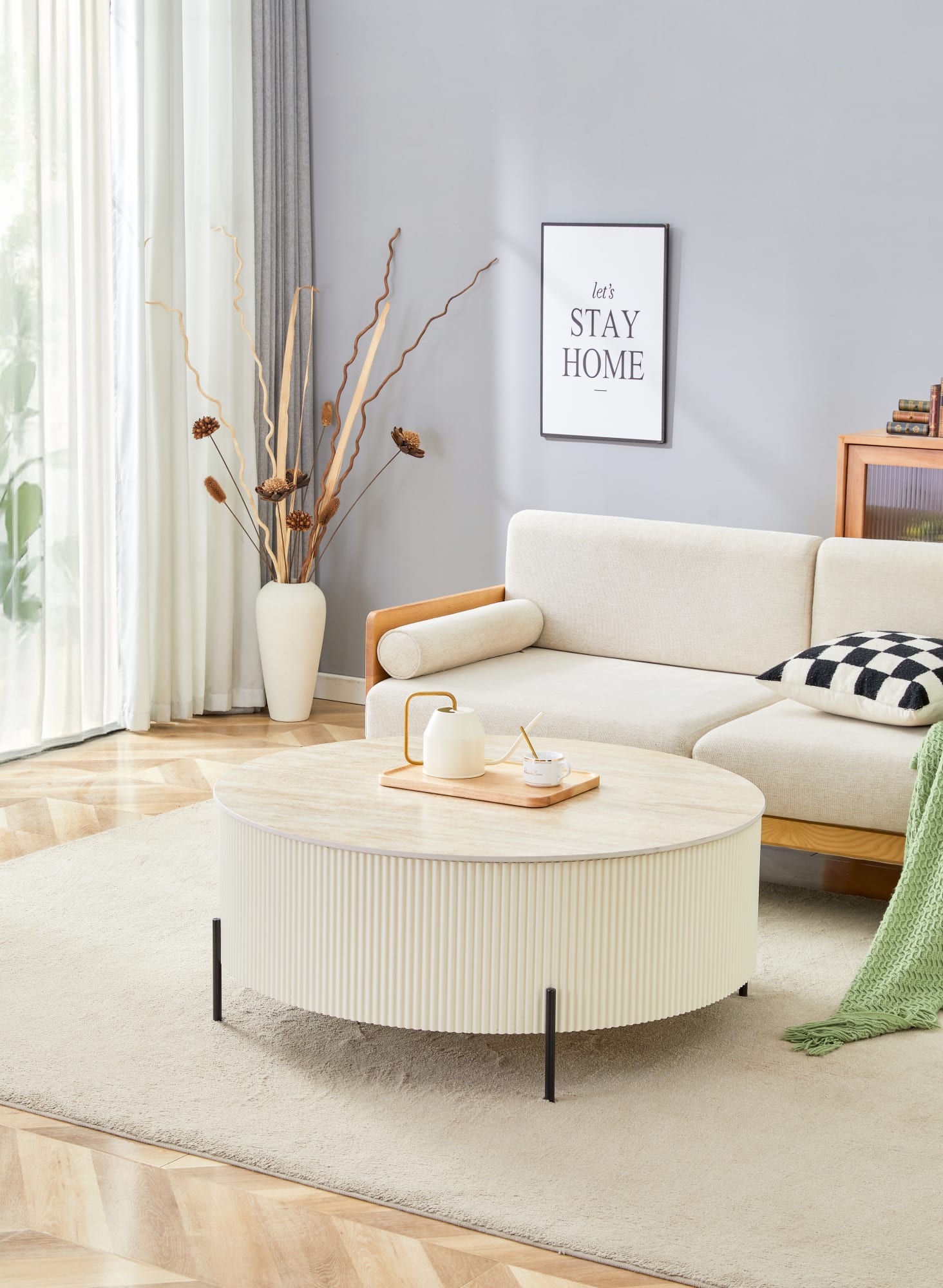 TABLE BASSE RUBY PIED BEIGE CERAMIQUE EFFET TRAVERTIN MAT 80cm