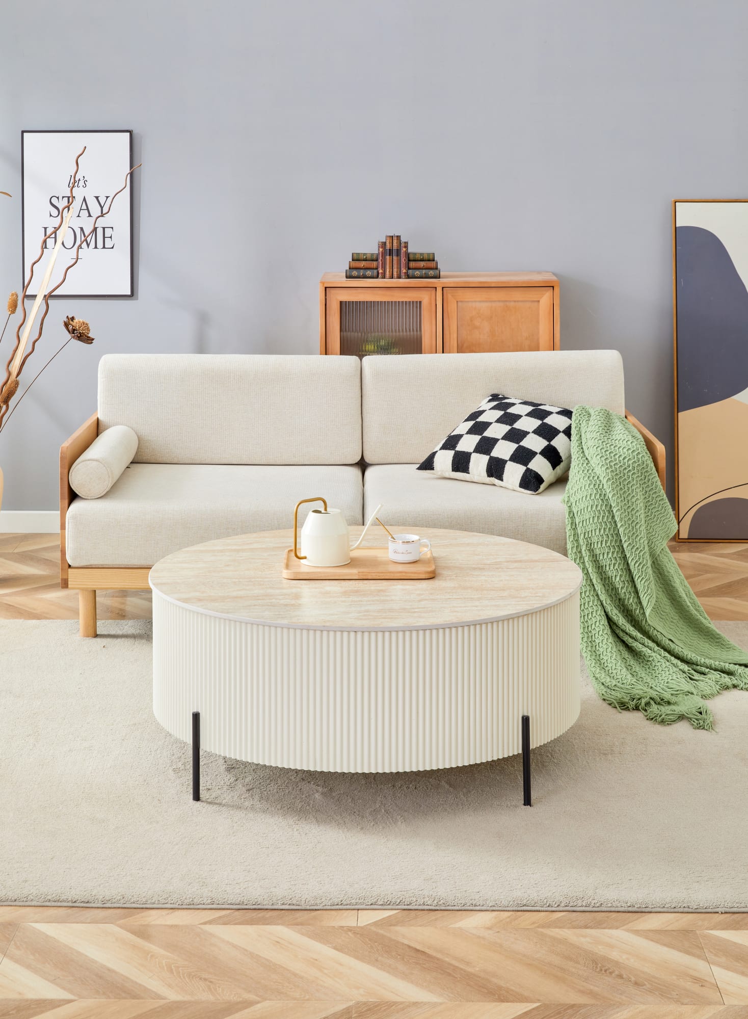 TABLE BASSE RUBY PIED BEIGE CERAMIQUE EFFET TRAVERTIN MAT 80cm