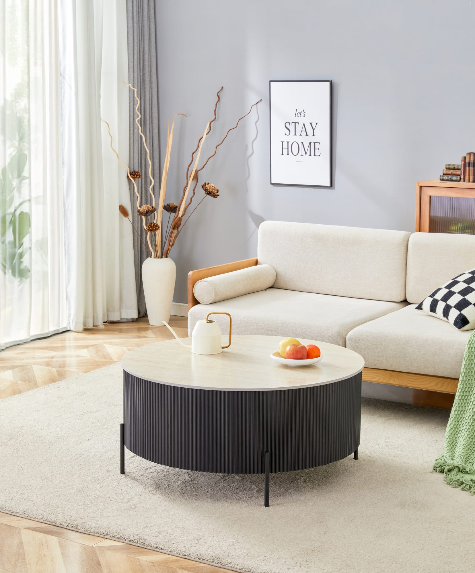 TABLE BASSE RUBY PIED NOIR CERAMIQUE EFFET TRAVERTIN MAT 80cm