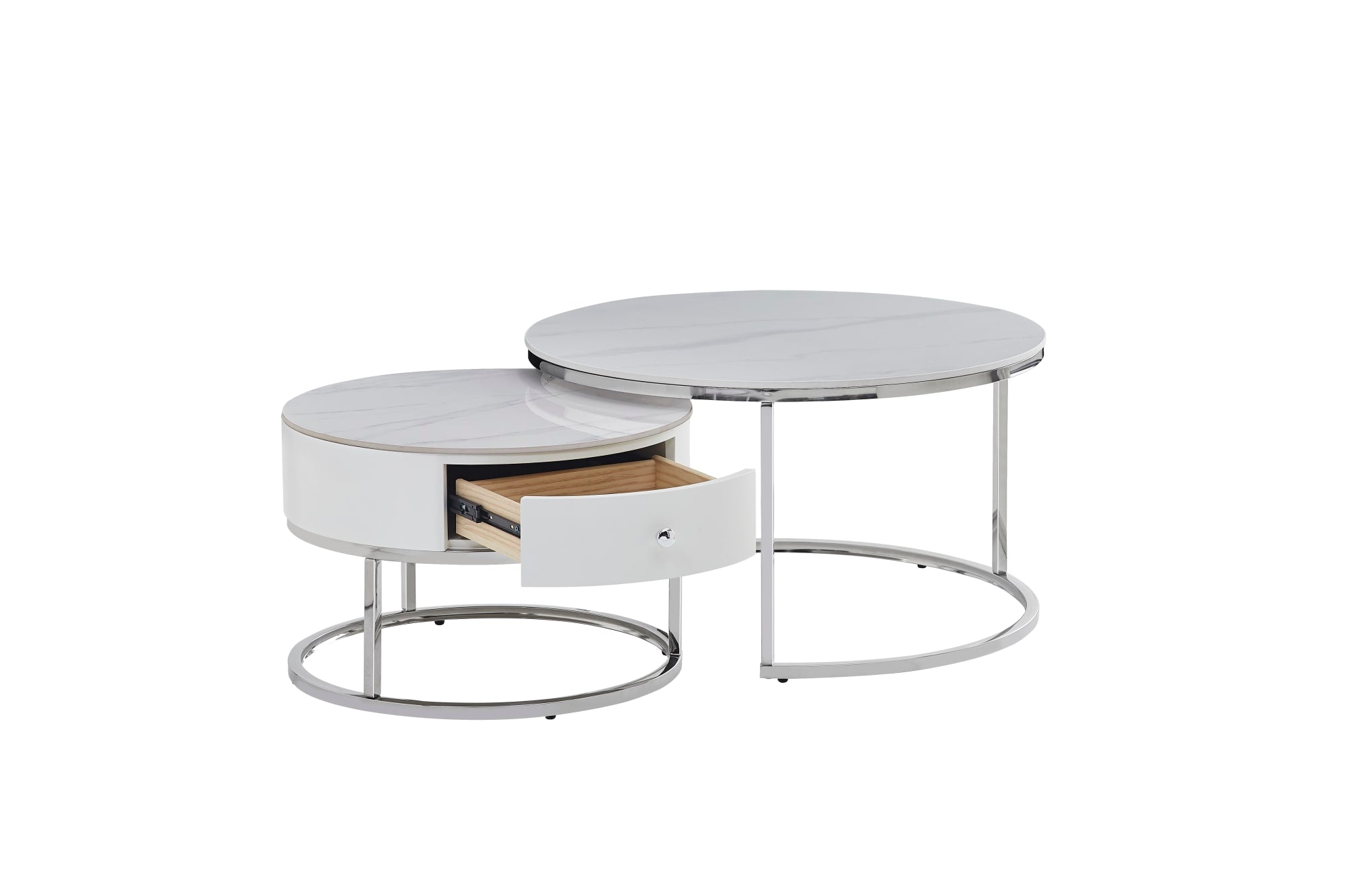 TABLE BASSE GIGOGNE NOVELA PIED CHROME PLATEAU CERAMIQUE MARBRE BLANC 80+60