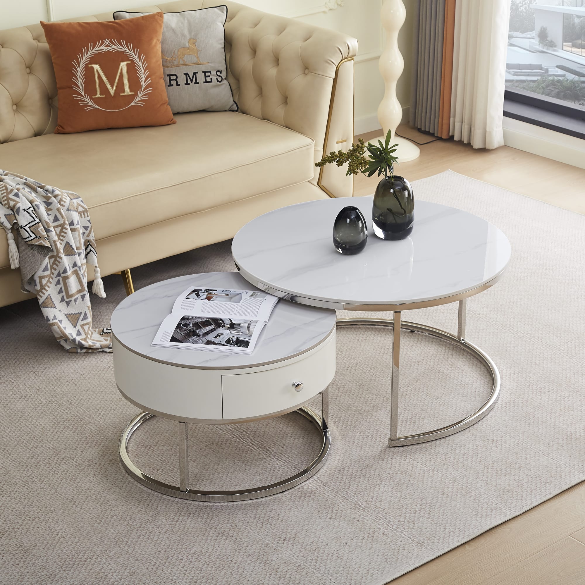 TABLE BASSE GIGOGNE NOVELA PIED CHROME PLATEAU CERAMIQUE MARBRE BLANC 80+60