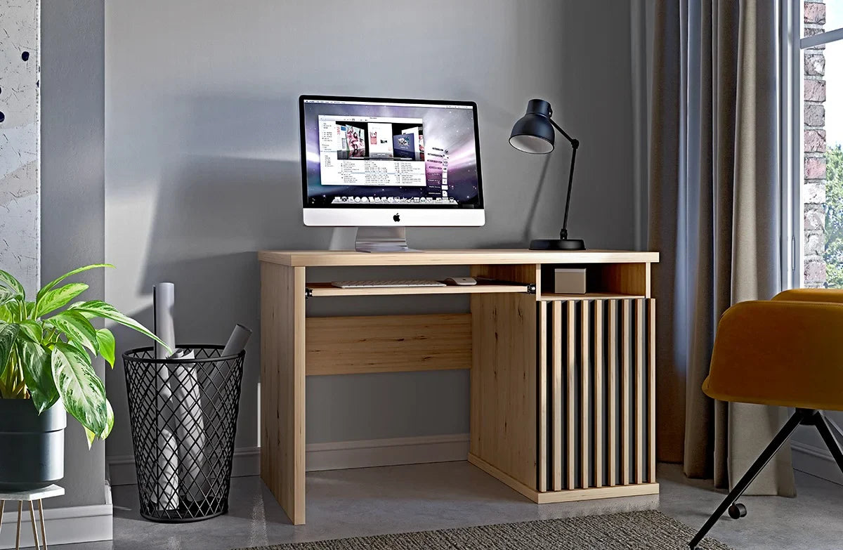 Bureau fonctionnel avec lattes tendance, étagères de rangement et plateau coulissant. - Decora Home
