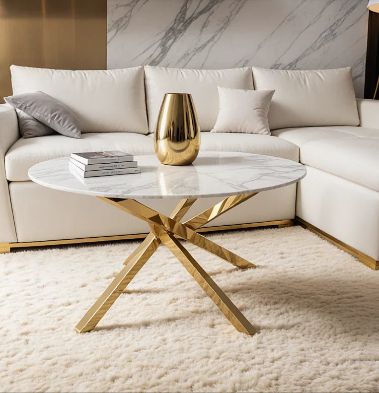 Table Basse Ronde en Verre ou Effet Marbre avec Structure Dorée ou Argentée
