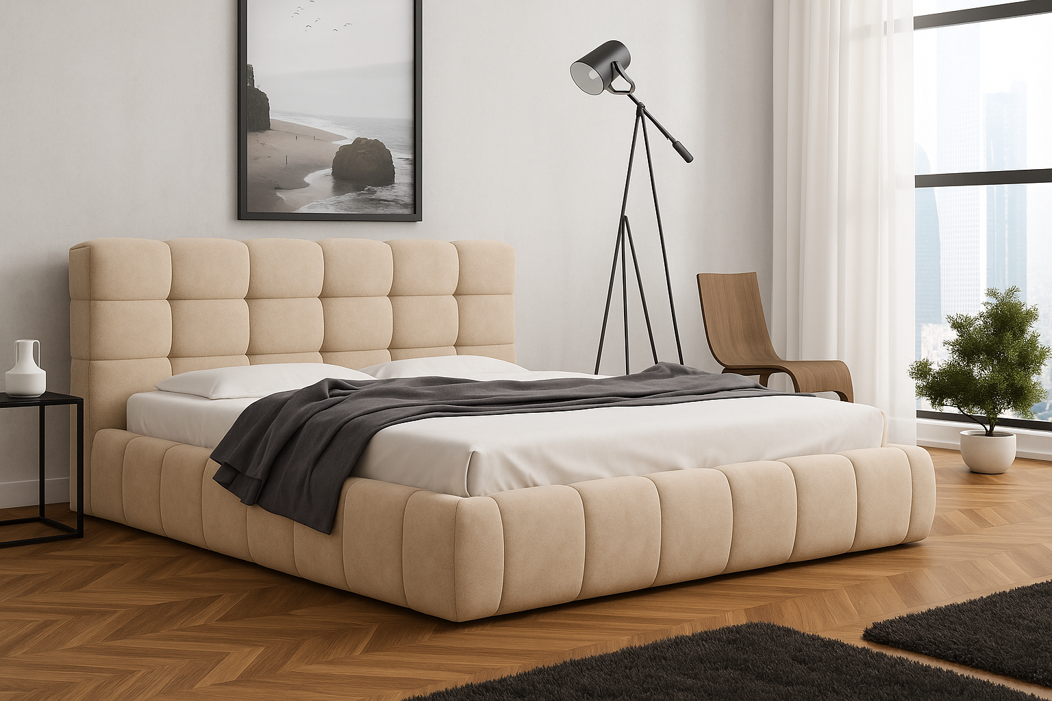 Lit coffre velours doux rembourré avec rangement – Design élégant, tête de lit haute et structure robuste - Decora Home