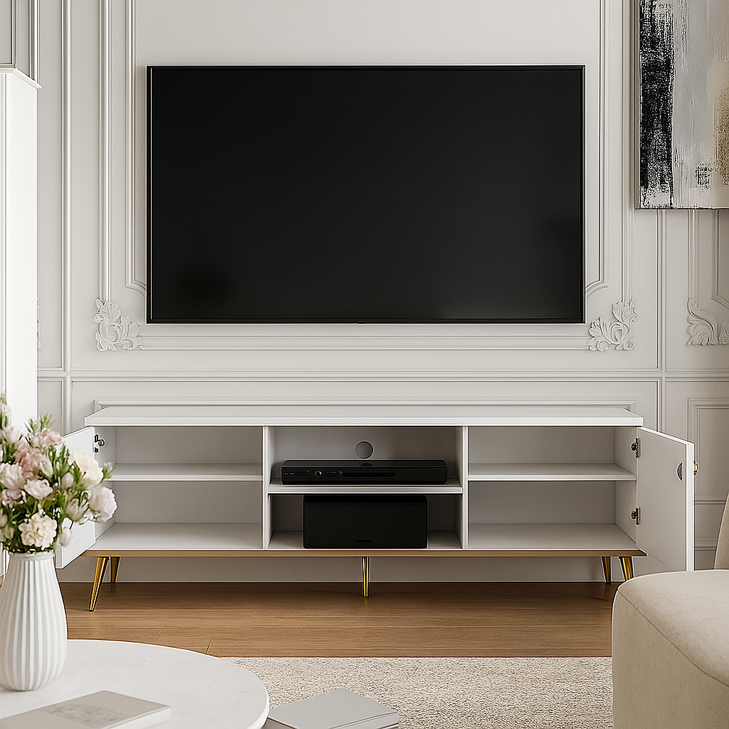 Meuble TV en Bois Blanc Laqué Brillant avec pieds dorés