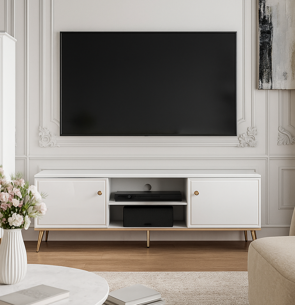 Meuble TV en Bois Blanc Laqué Brillant avec pieds dorés - Decora Home