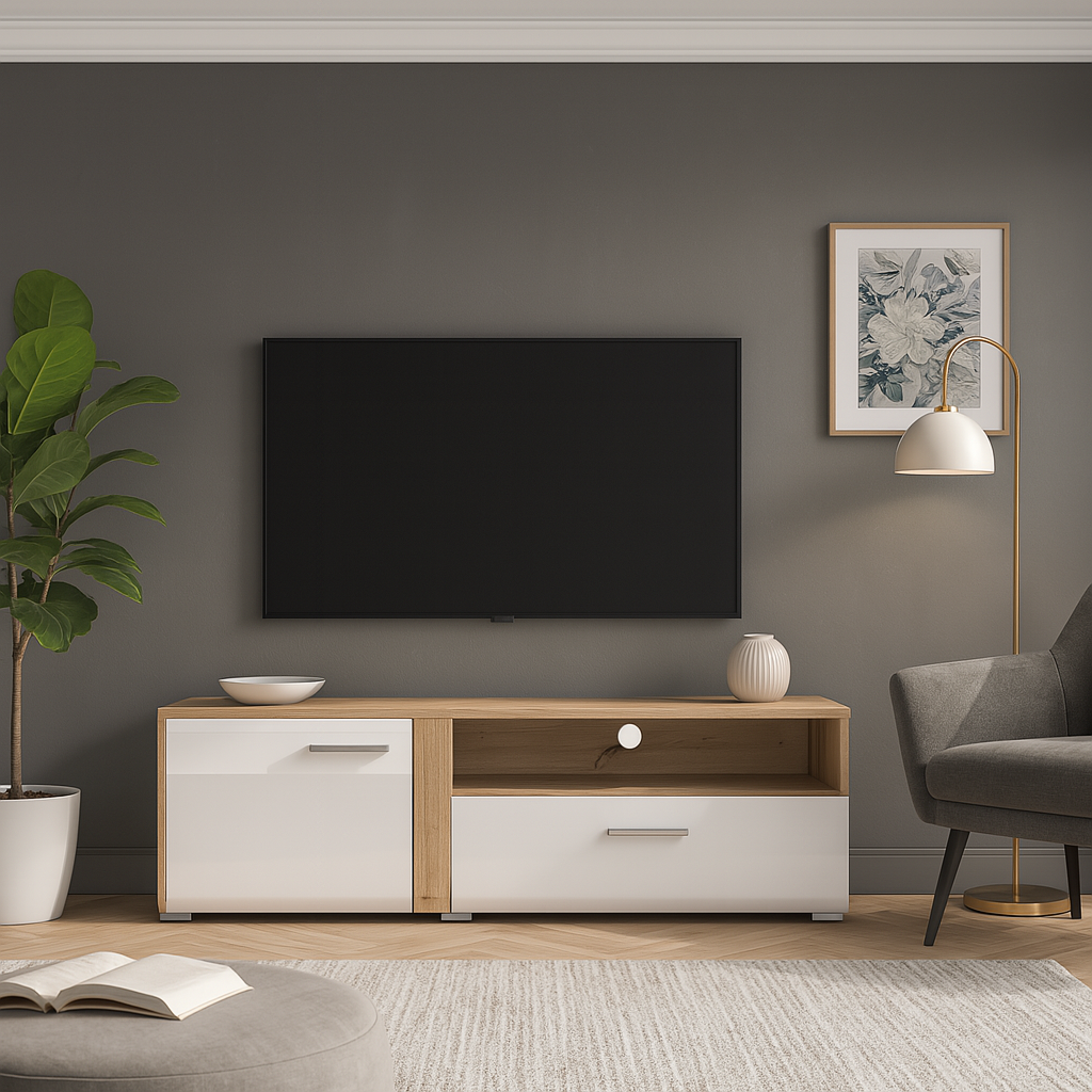 Meuble TV Chêne Castello & Blanc Brillant – Sobriété et Fonctionnalité - Decora Home