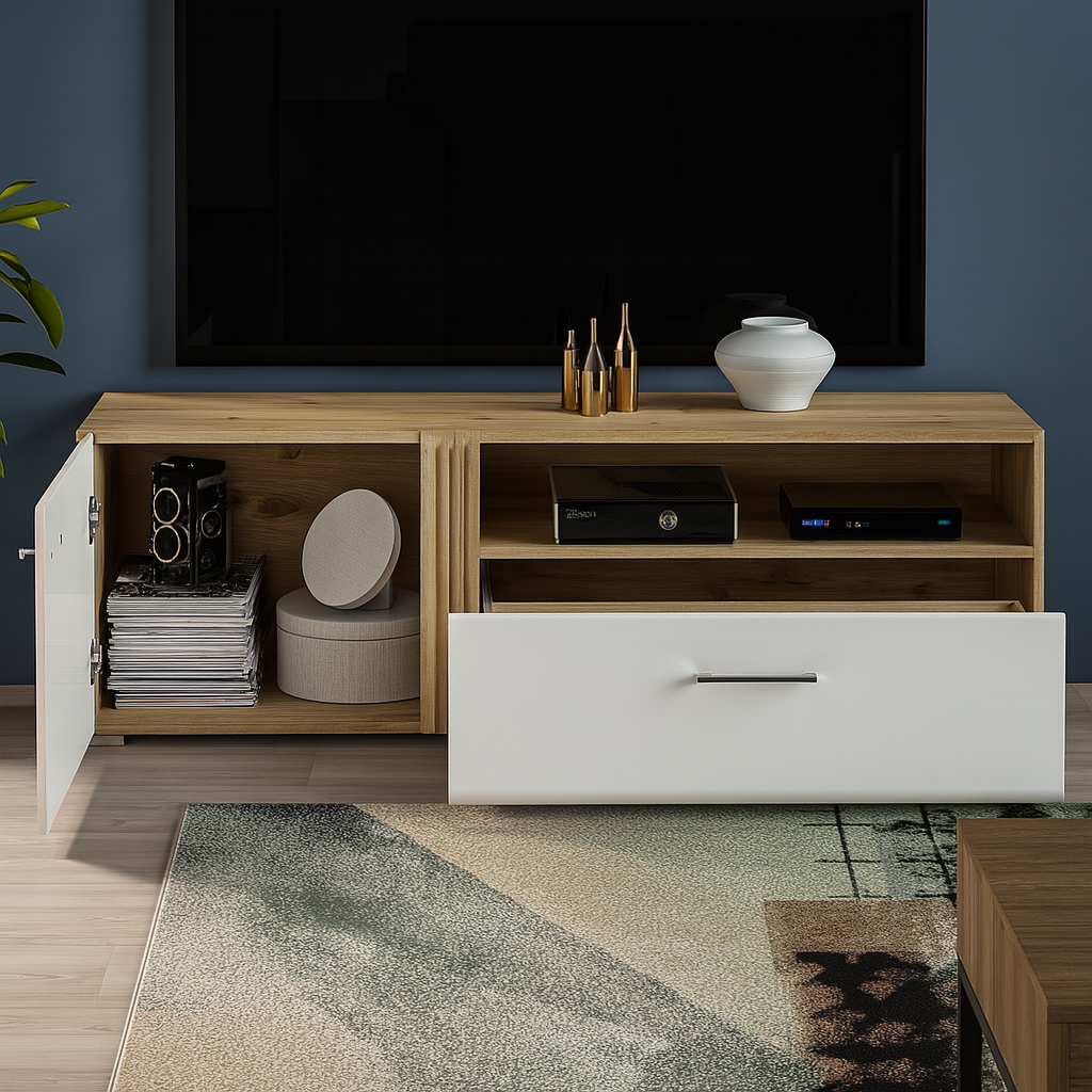 Meuble TV Chêne Castello & Blanc Brillant – Sobriété et Fonctionnalité - Decora Home