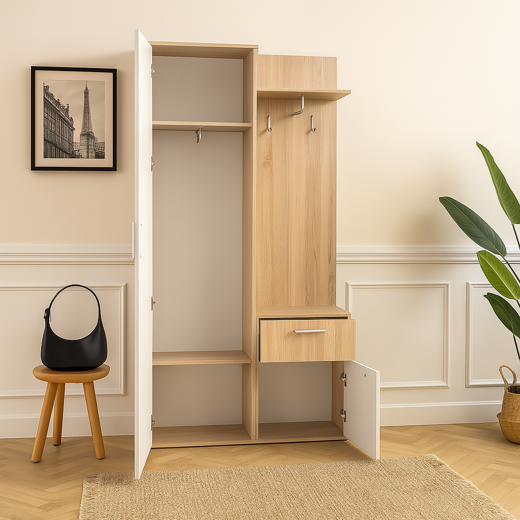 Armoire de couloir NALA avec miroir – 97 cm – meuble d’entrée moderne avec tiroir, étagères et penderie