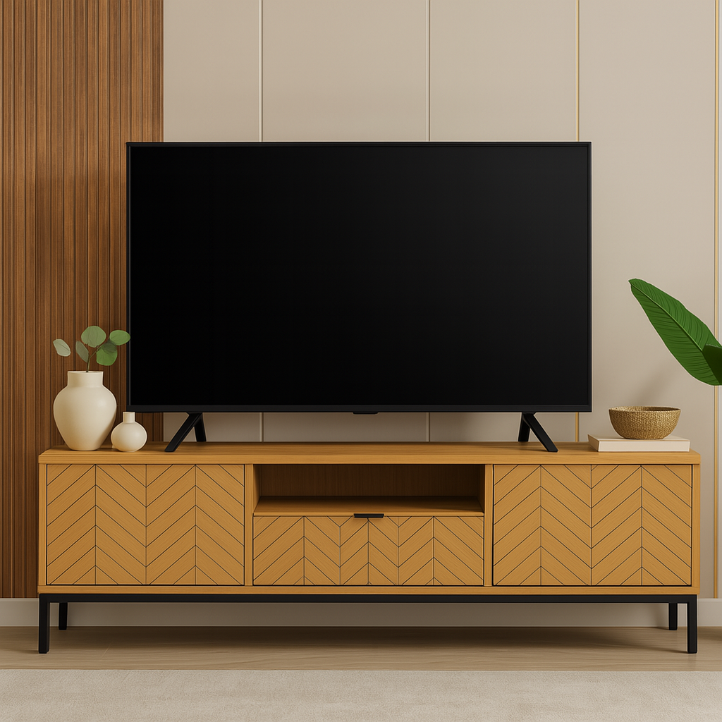 Meuble TV Classique en Chêne Caramel avec Tiroir et Armoires - Decora Home
