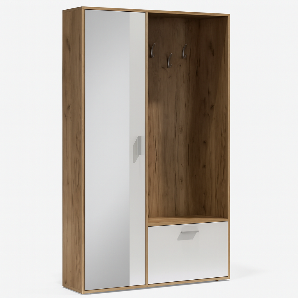 Armoire de couloir BIS 120 cm – Meuble d’entrée avec miroir, cintres, étagères et meuble à chaussures