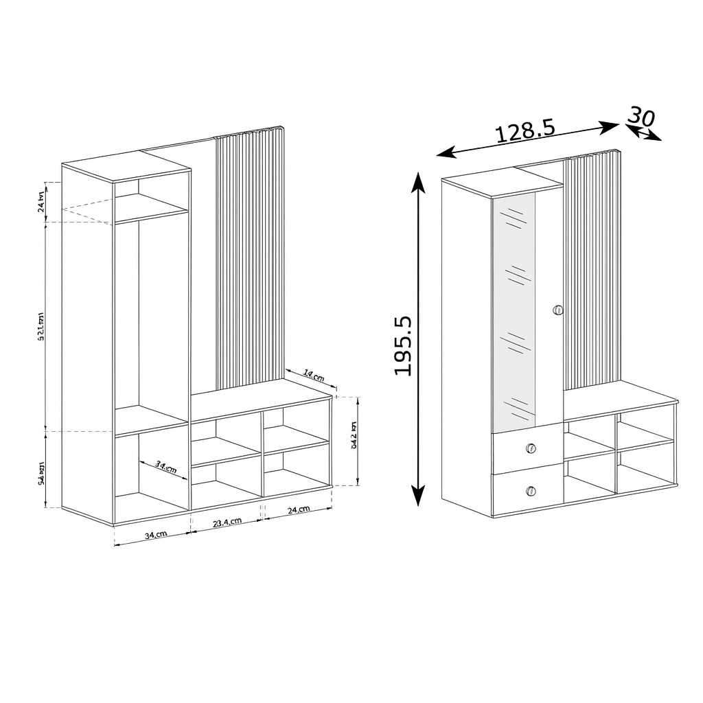 Armoire de couloir avec miroir – 128,5 cm – meuble d’entrée avec assise, cintres et rangement chaussures