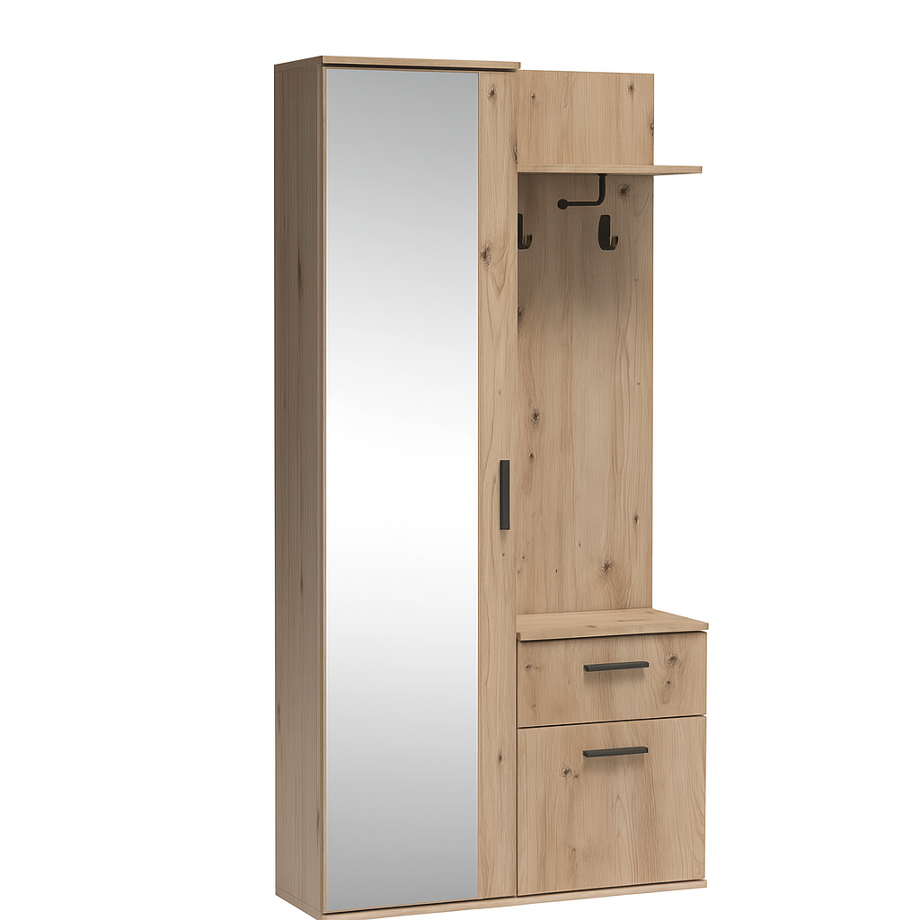 Armoire de couloir NALA avec miroir – 97 cm – meuble d’entrée moderne avec tiroir, étagères et penderie