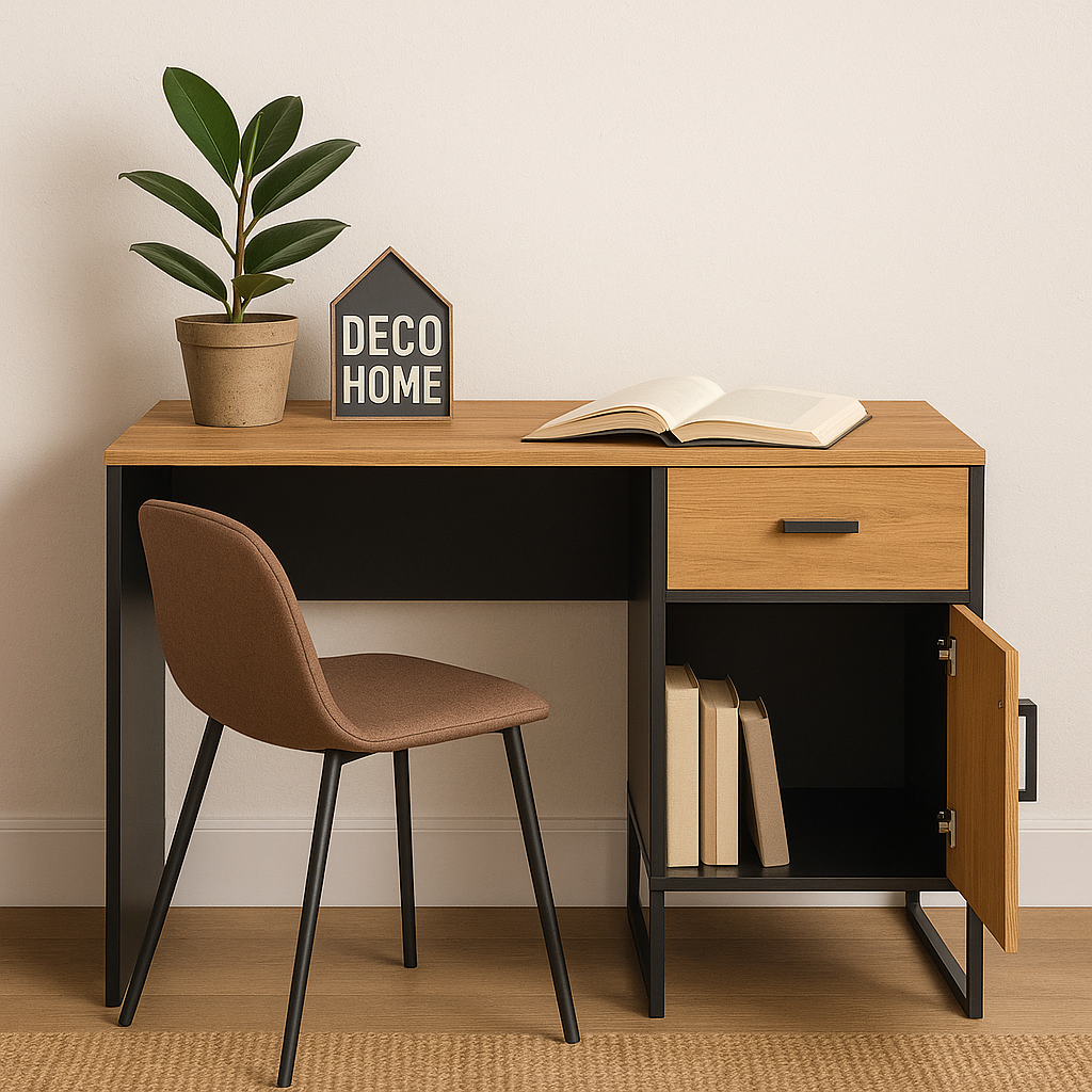 Bureau Design en Chêne Artisan Or et Noir – Plateau Résistant et Finitions Acier Premium – 120 cm