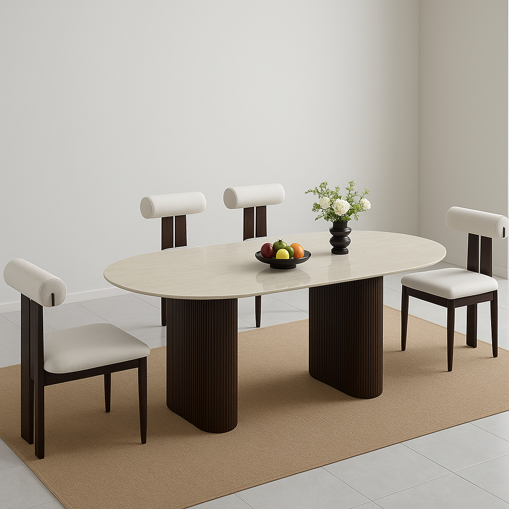Table à manger céramique travertin mat – Pieds métal effet noyer
