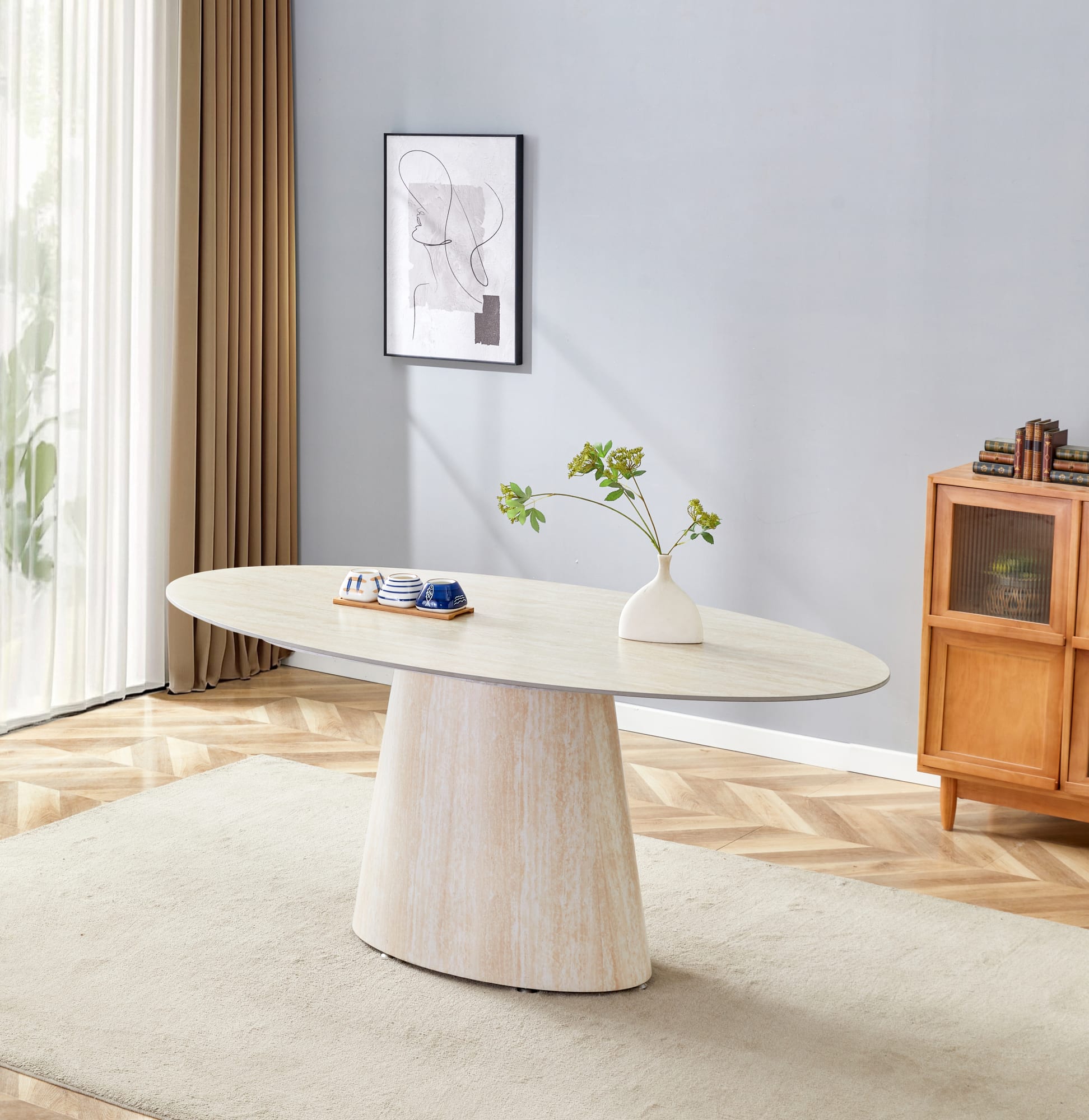 TABLE REPAS OVA TRAVERTIN CERAMIQUE TRAVERTIN 180CM