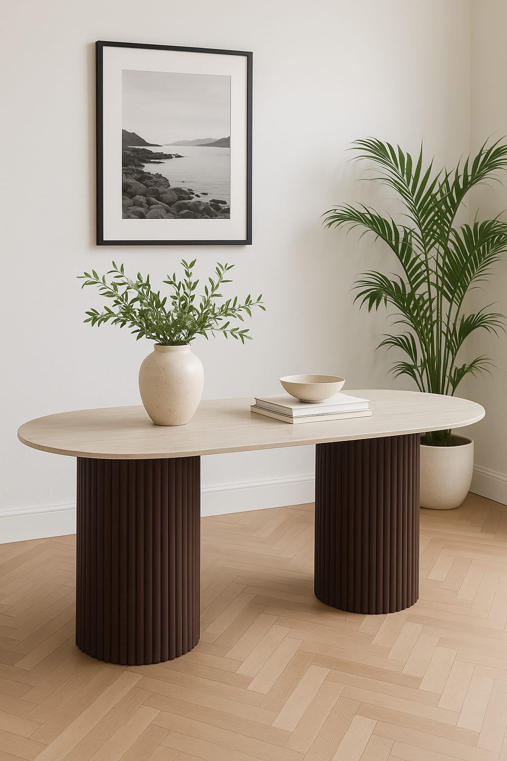 TABLE A MANGER KEYSHA PIED NOYER PLATEAU CERAMIQUE TRAVERTIN MAT 180CM