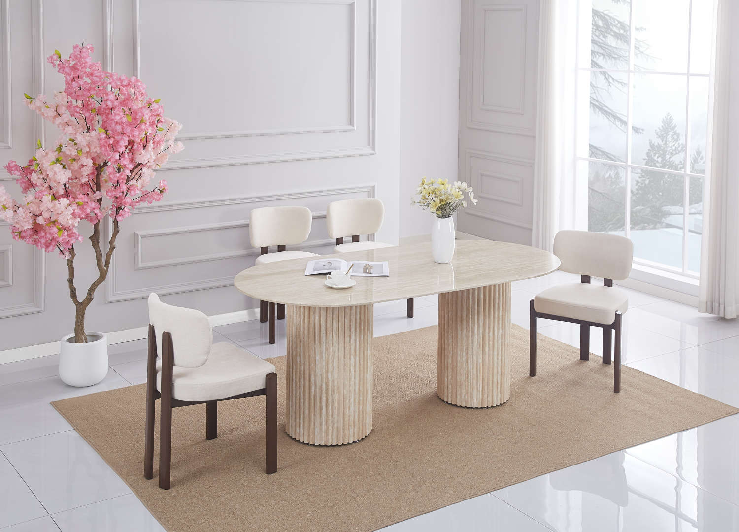 TABLE A MANGER KEYSHA PIED TRAVERTIN PLATEAU CERAMIQUE TRAVERTIN BRILLANT 160CM