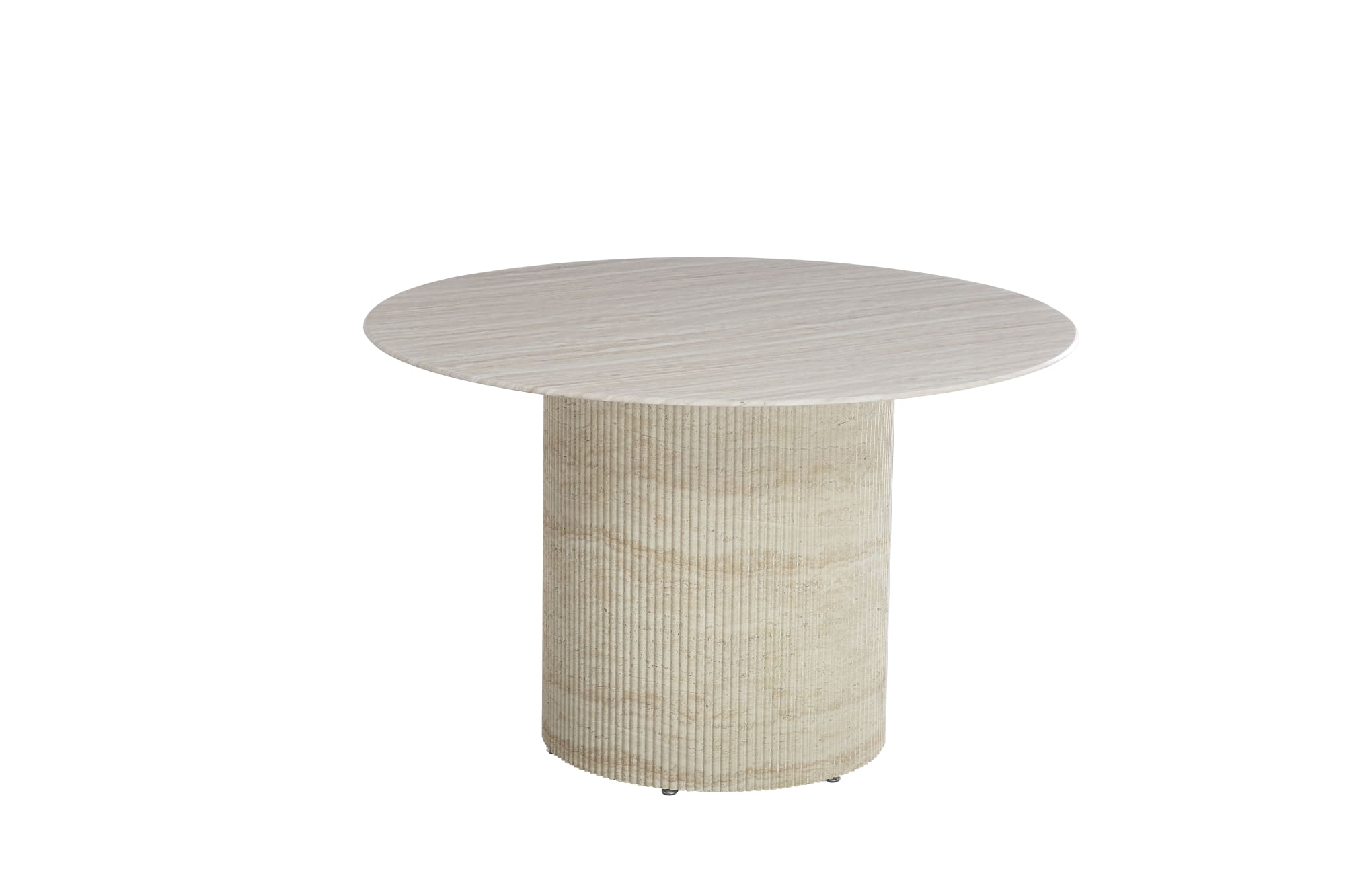TABLE A MANGER RONDE BAIETAA PLATEAU CERAMIQUE TRAVERTIN BRILLANT PIED EFFET TRAVERTIN 120CM