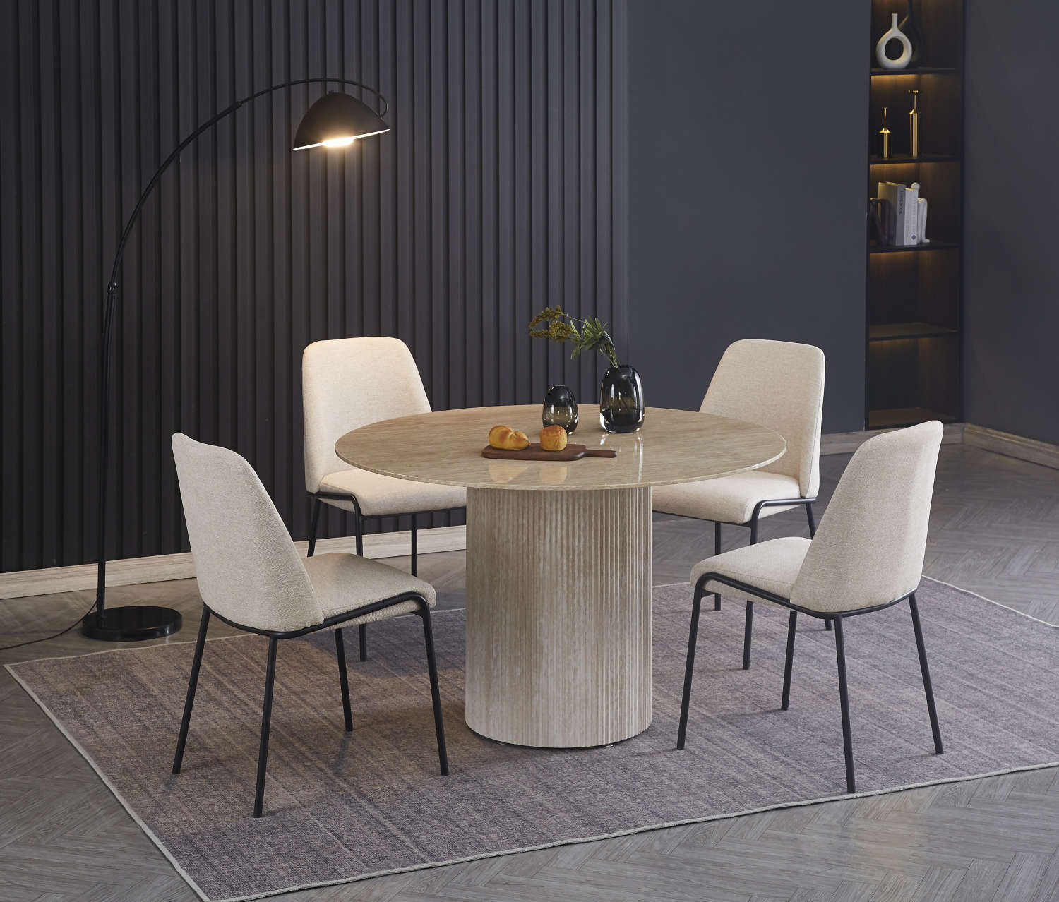 TABLE A MANGER RONDE BAIETAA PLATEAU CERAMIQUE TRAVERTIN BRILLANT PIED EFFET TRAVERTIN 120CM